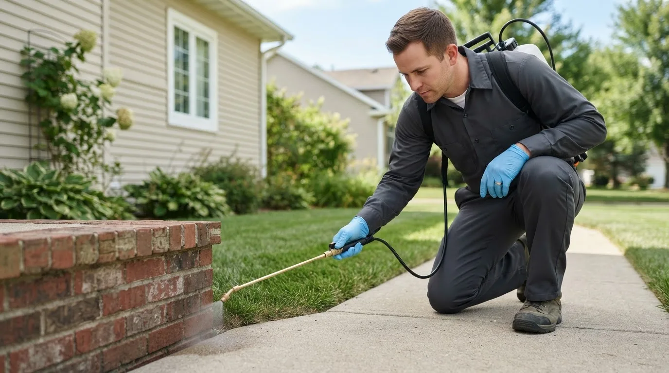 Pest control technician treating a home near Woodburn, OR